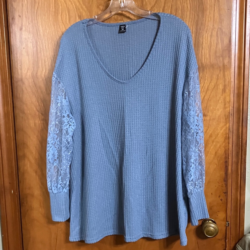 SHEIN Dusty Blue Waffle Knit Top with Lace Sleeves